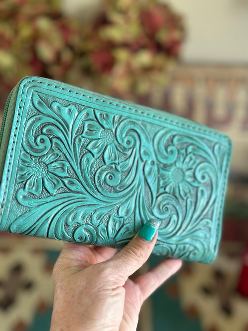 Shop Envi Me Accessories Tooled Leather The Turquoise Tallahassee Tooled Leather Clutch Wallet