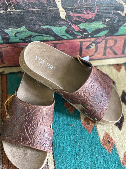 Roper Footwear 8 The Roper On Wagon Train Embossed Leather Studded Birk Sandal