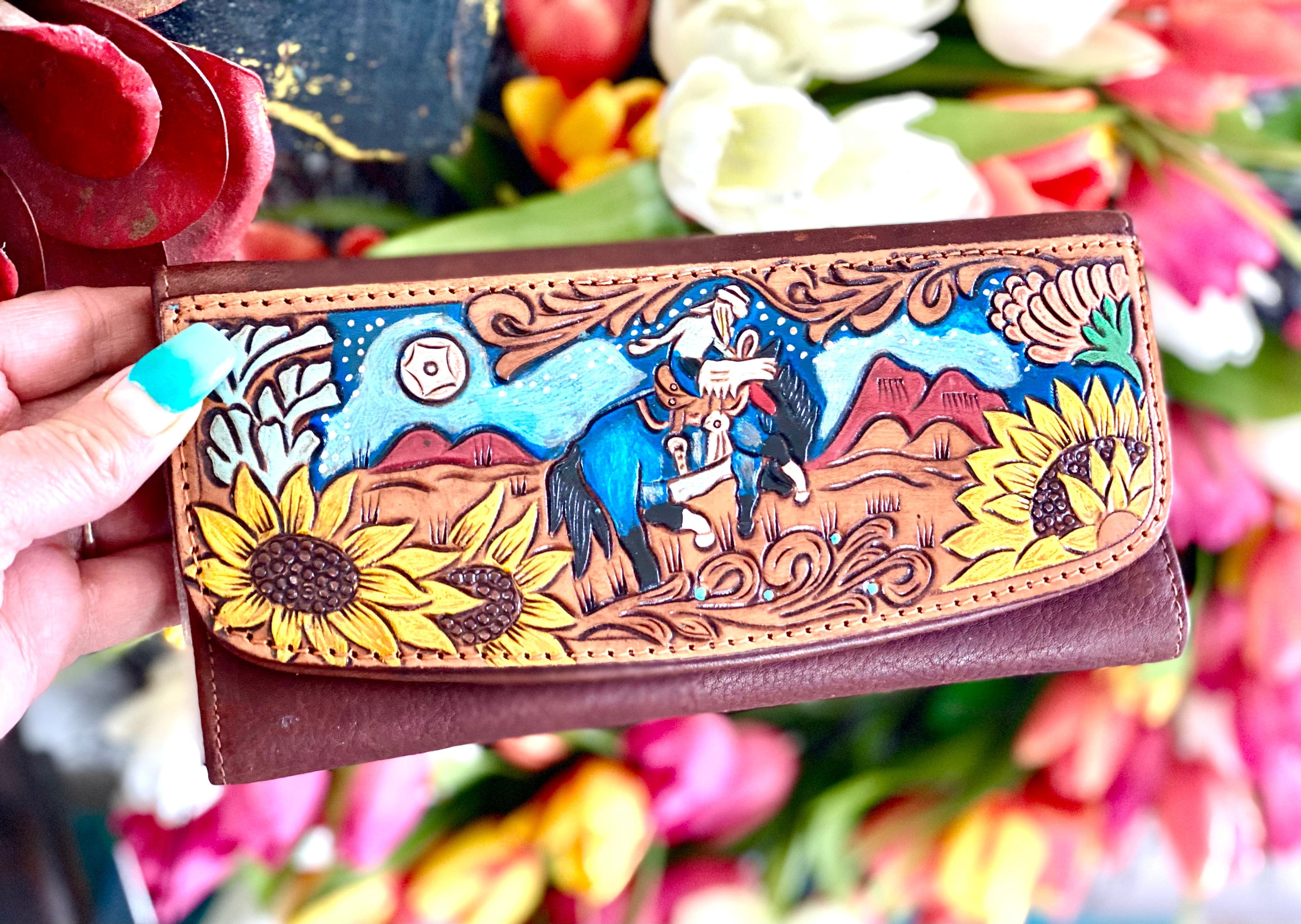 The Sunflower Cowgirl Tooled Clutch Wallet