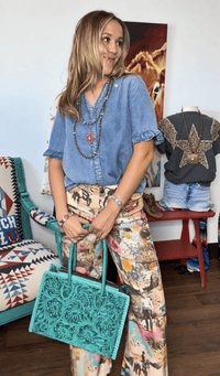 West of Cowgirl Ranch Print Wide Leg Pants