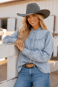 Ruffles In Fall Chambray Snap Front Long Sleeve Top