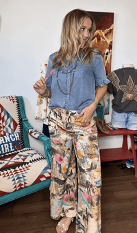 West of Cowgirl Ranch Print Wide Leg Pants