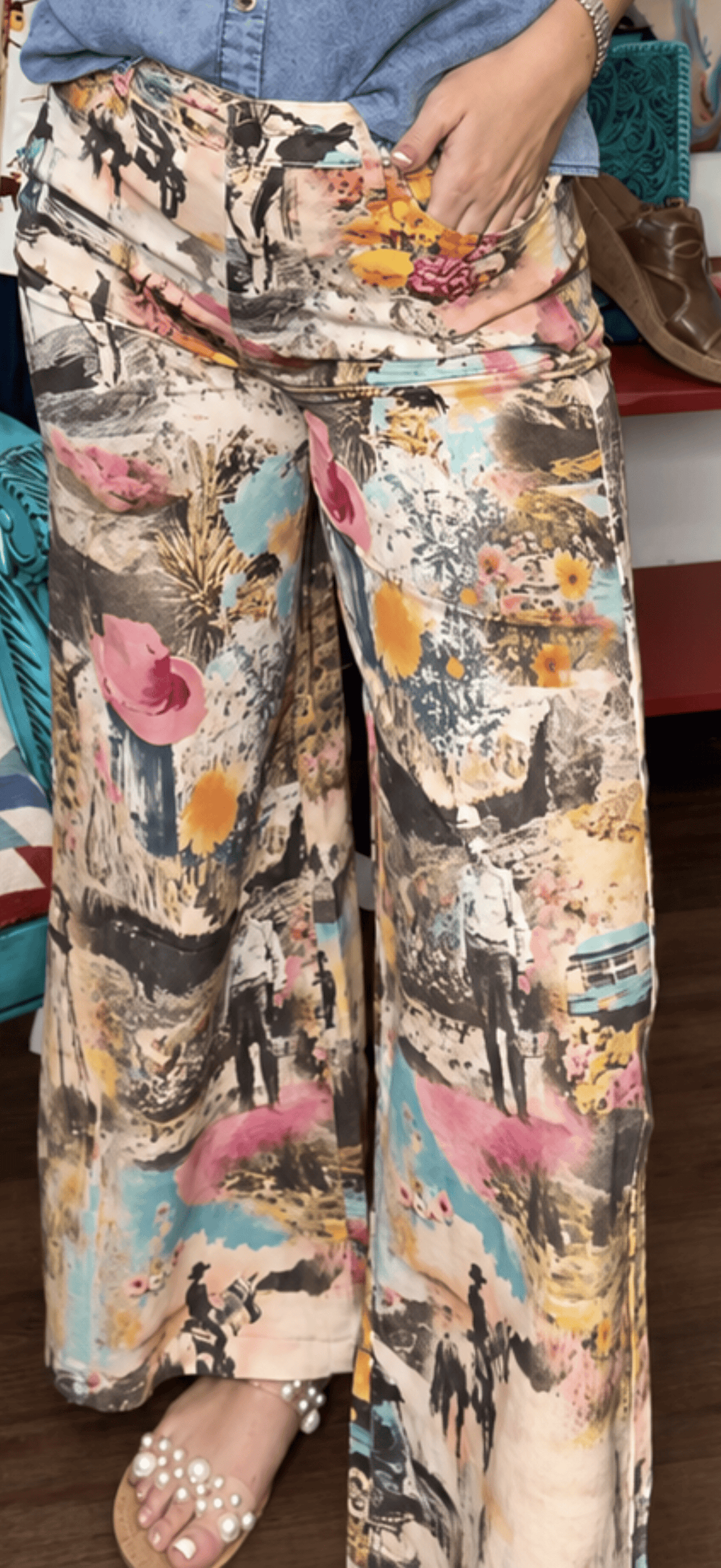 West of Cowgirl Ranch Print Wide Leg Pants