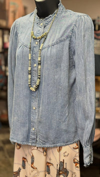 Ruffles In Fall Chambray Snap Front Long Sleeve Top
