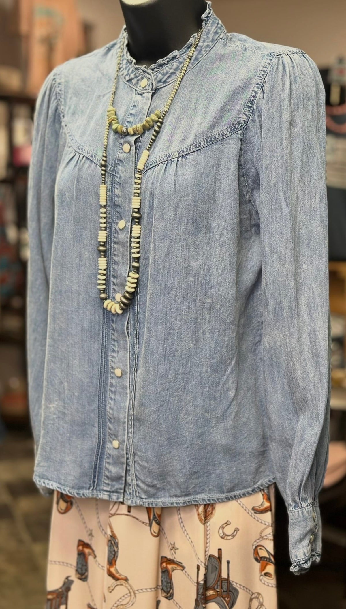 Ruffles In Fall Chambray Snap Front Long Sleeve Top
