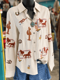 Shop Envi Me Tops Back To The Ranch Embroidered Button Up Top