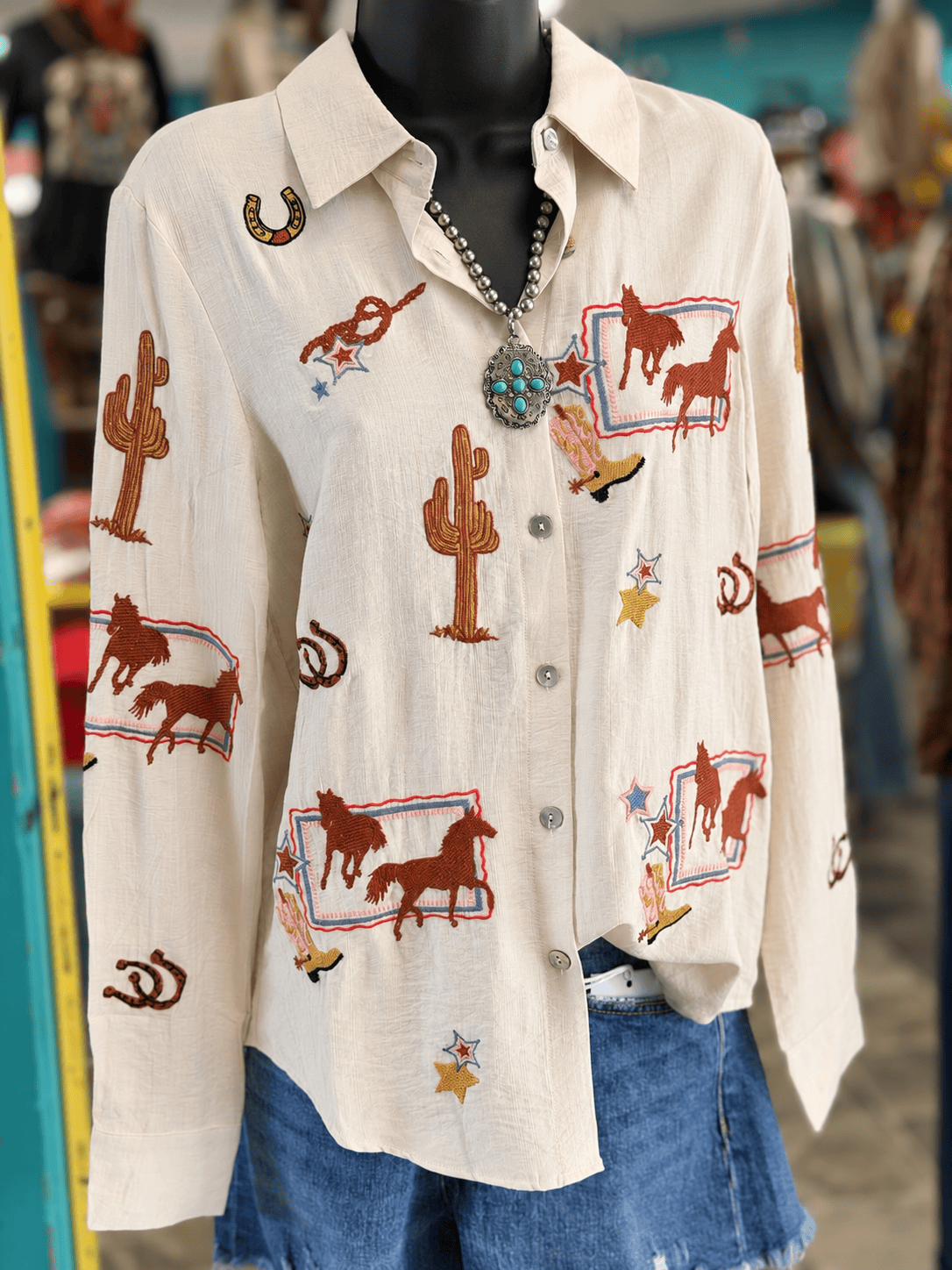 Shop Envi Me Tops Back To The Ranch Embroidered Button Up Top