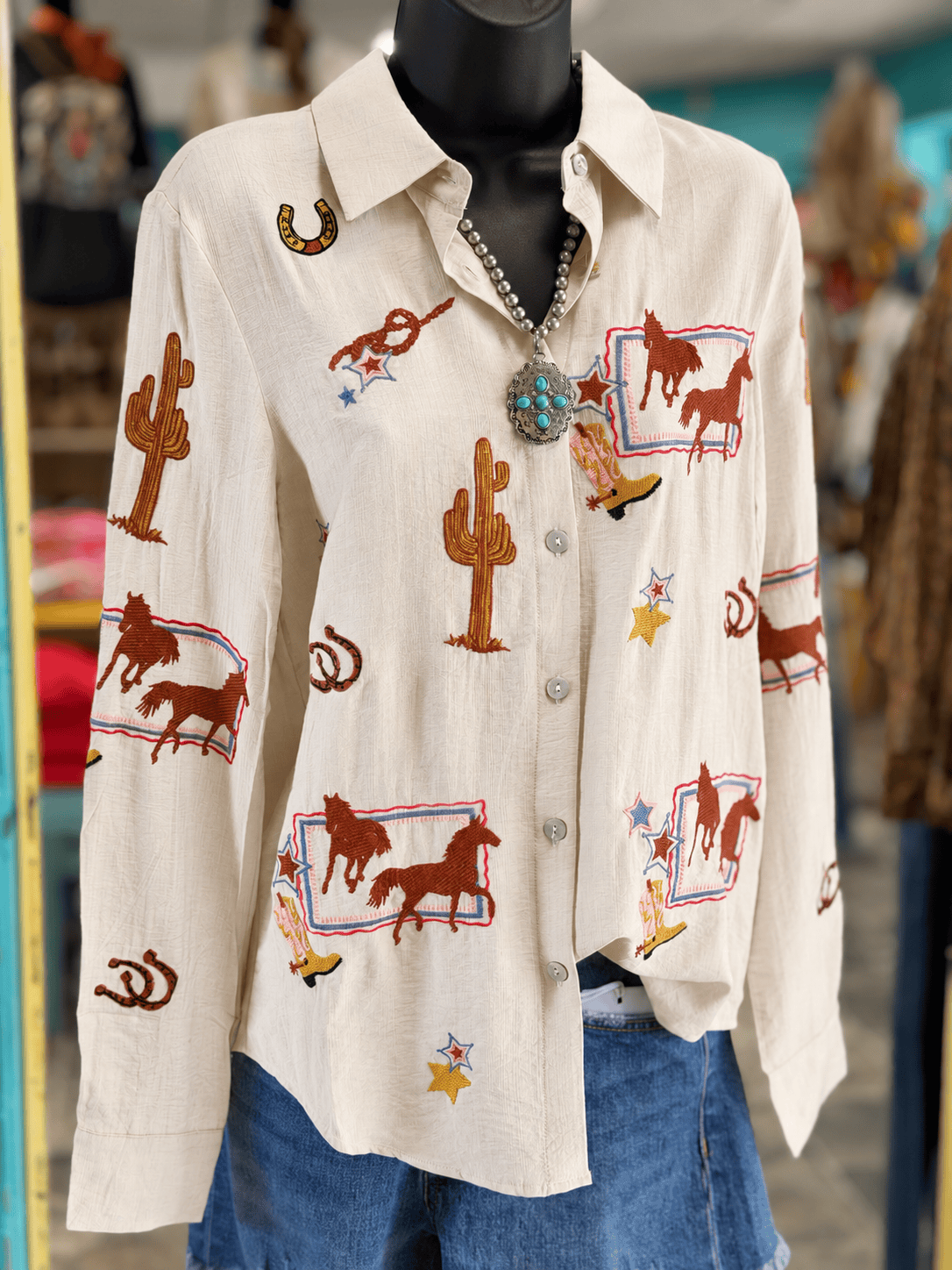 Shop Envi Me Tops Back To The Ranch Embroidered Button Up Top