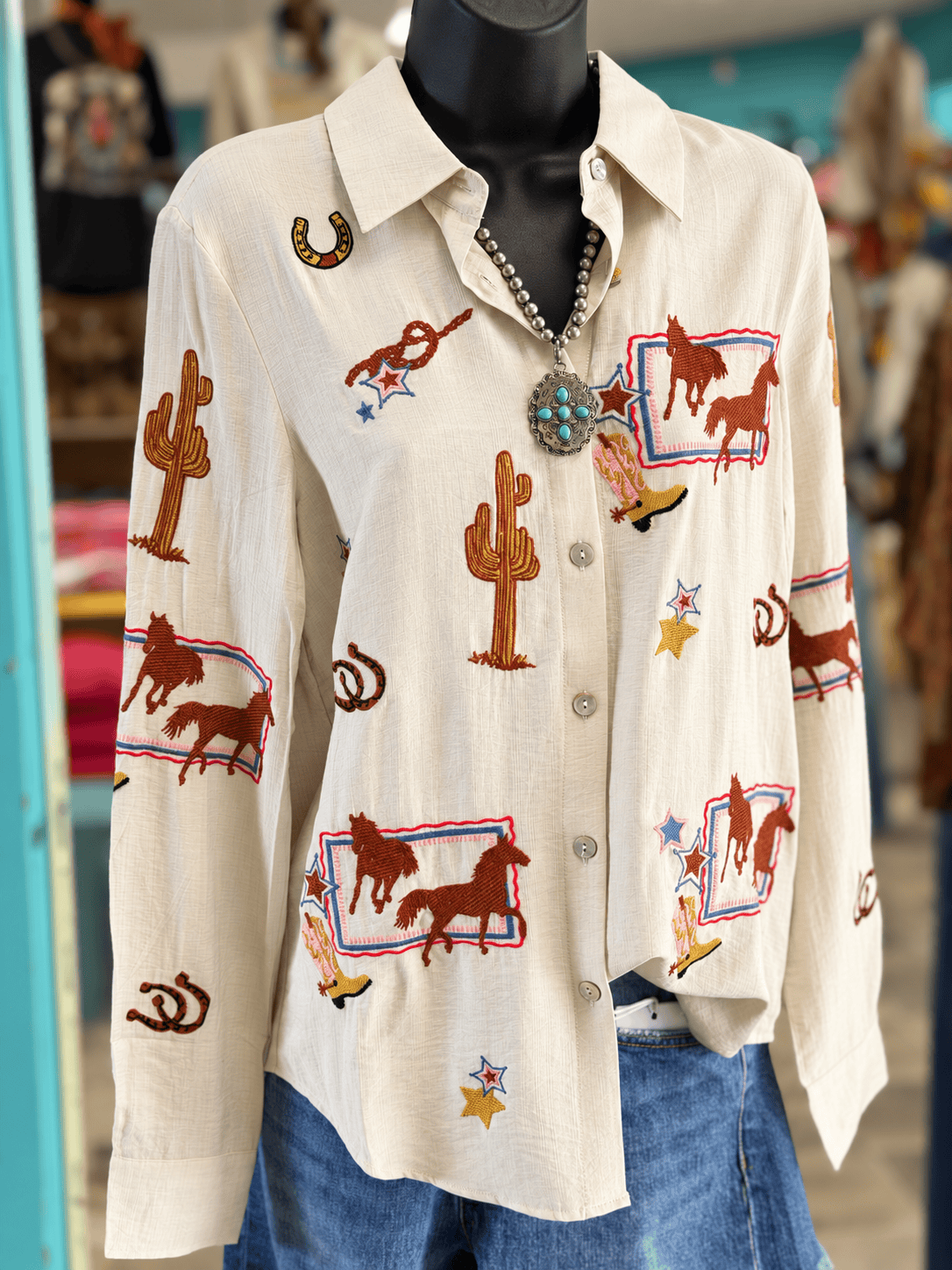 Shop Envi Me Tops Back To The Ranch Embroidered Button Up Top