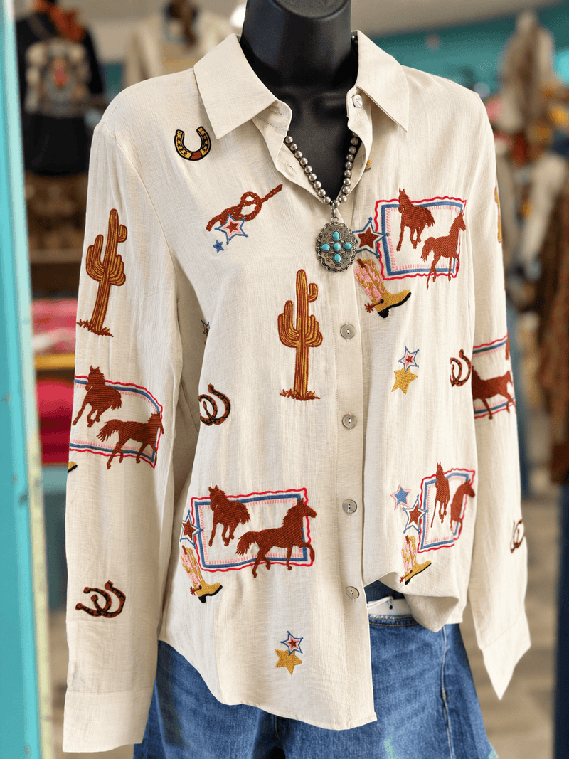 Shop Envi Me Tops Back To The Ranch Embroidered Button Up Top