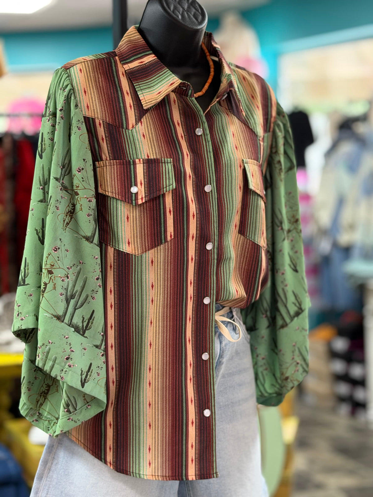 Shop Envi Me It's T-shirt Kinda Day Cactus Life Retro Double Take Western Striped Flutter Sleeve Top
