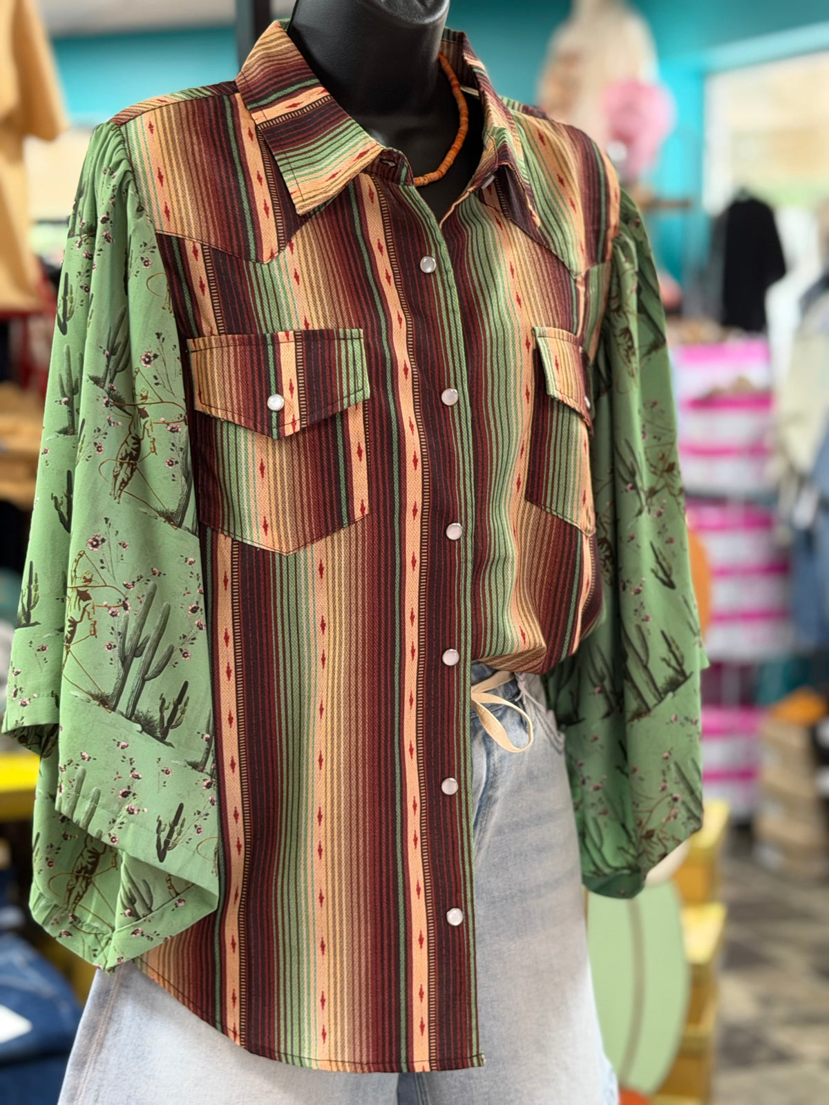 Shop Envi Me It's T-shirt Kinda Day Cactus Life Retro Double Take Western Striped Flutter Sleeve Top