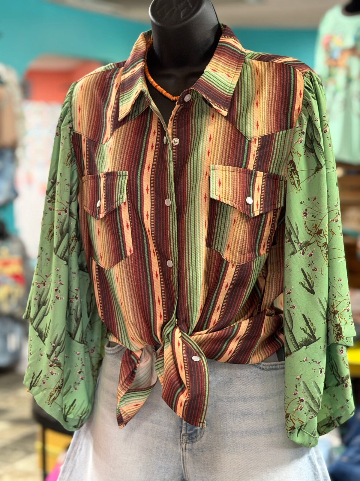 Shop Envi Me It's T-shirt Kinda Day Cactus Life Retro Double Take Western Striped Flutter Sleeve Top
