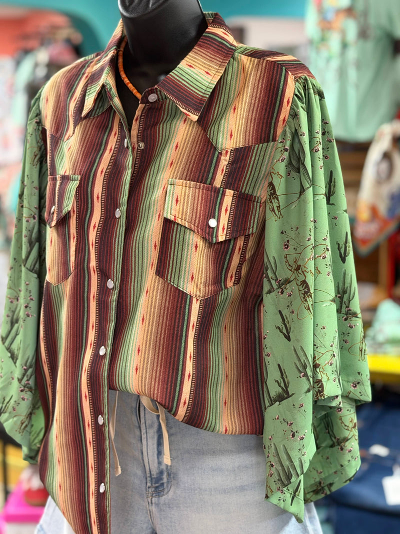 Shop Envi Me It's T-shirt Kinda Day Cactus Life Retro Double Take Western Striped Flutter Sleeve Top