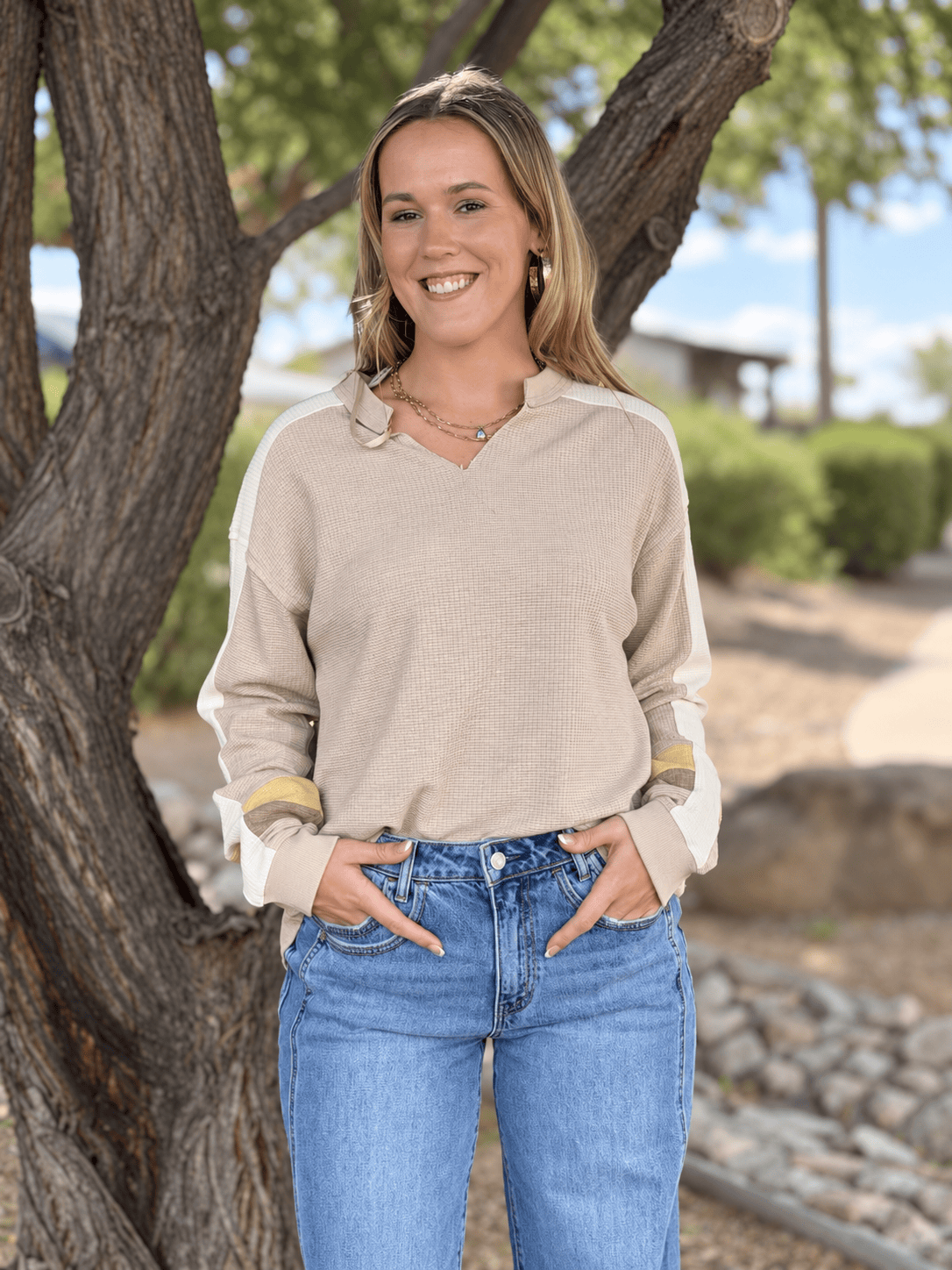 Shop Envi Me Tops and Tunics Cream Autumn Color Block Sleeve Waffle Top