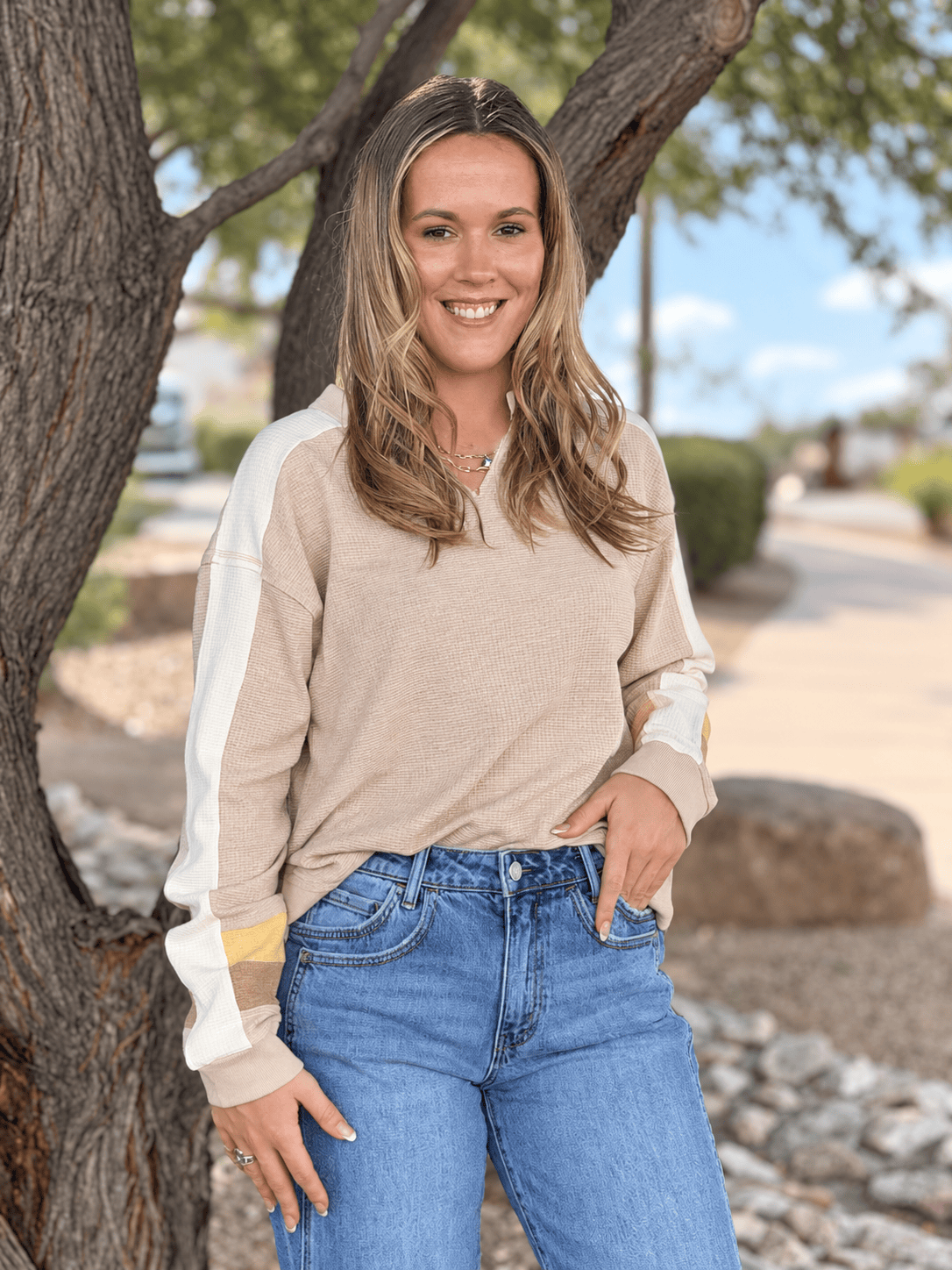Shop Envi Me Tops and Tunics Cream Autumn Color Block Sleeve Waffle Top