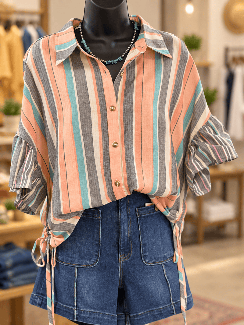 Shop Envi Me Tops and Tunics Desert Sunset Striped Ruffle Sleeve Top