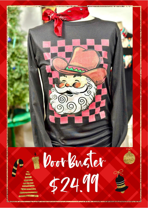 Shop Envi Me It's T-shirt Kinda Day DoorBuster The Christmas Checkerboard Cowboy Santa 🎅🏻 Long Sleeve Tee