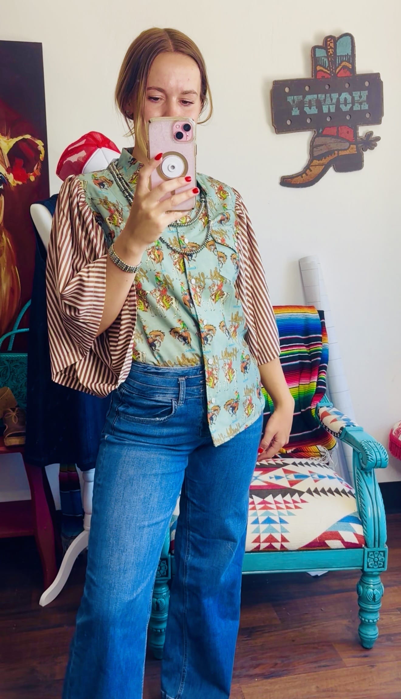 Shop Envi Me It's T-shirt Kinda Day Howdy Cowgirl Retro Western Striped Flutter Sleeve Top