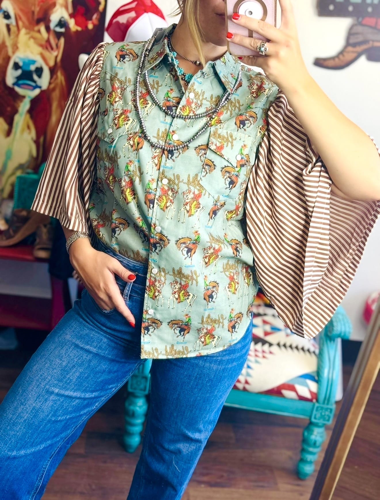 Shop Envi Me It's T-shirt Kinda Day Howdy Cowgirl Retro Western Striped Flutter Sleeve Top