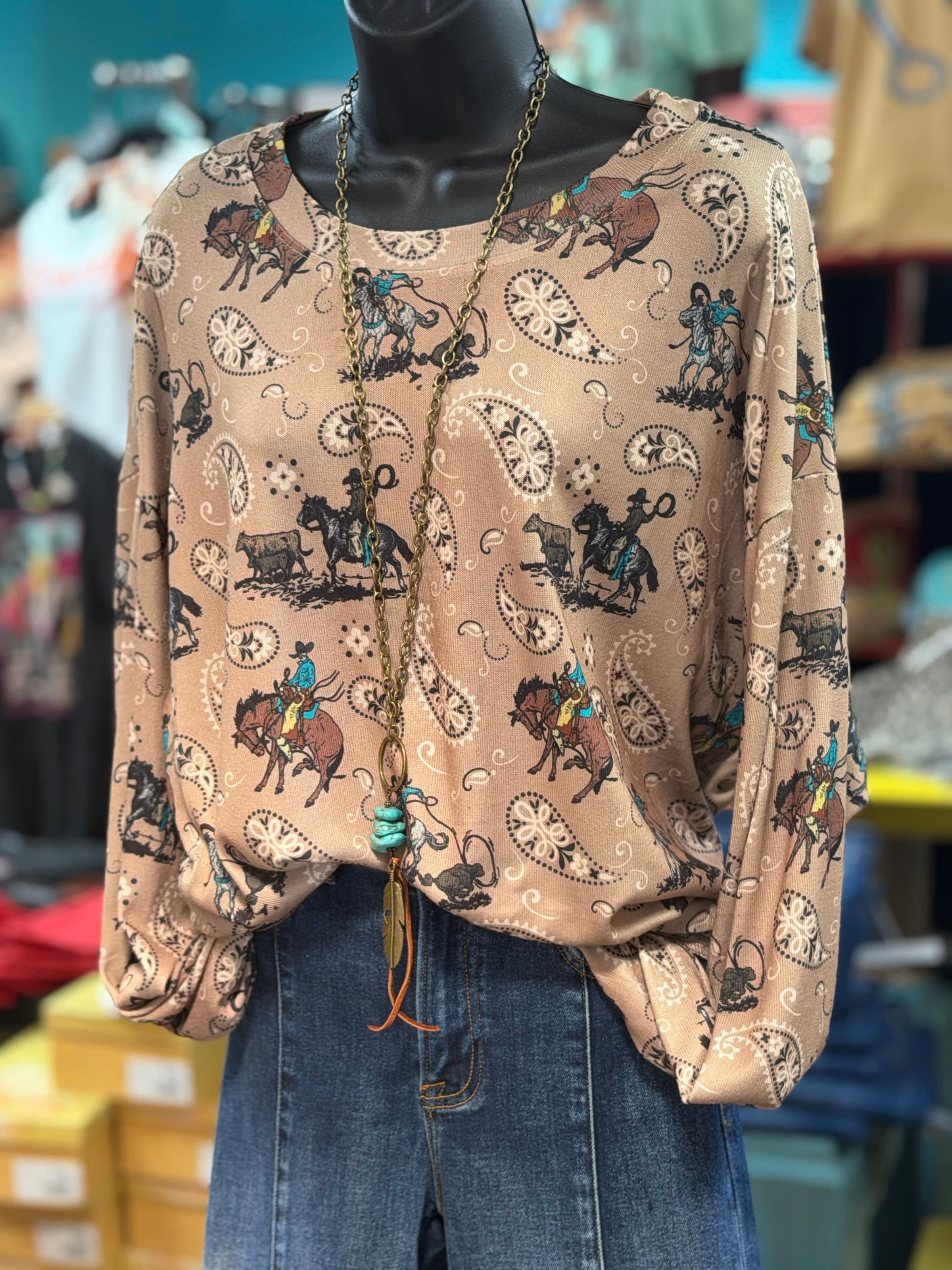 Shop Envi Me Tops and Tunics Paisley Cowboy On The Plains Pullover Top