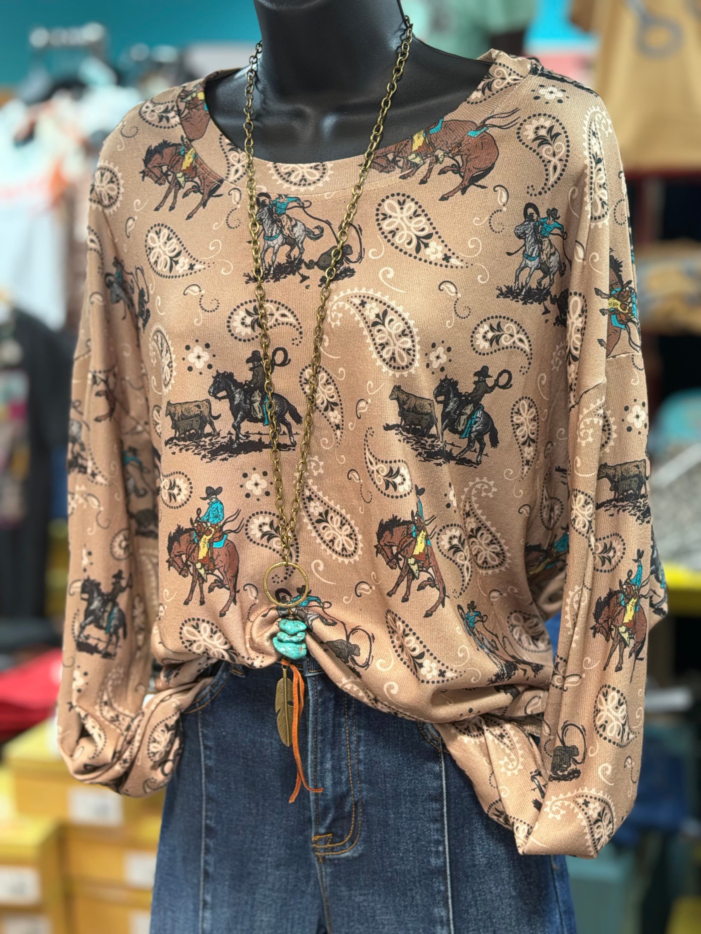 Shop Envi Me Tops and Tunics Paisley Cowboy On The Plains Pullover Top