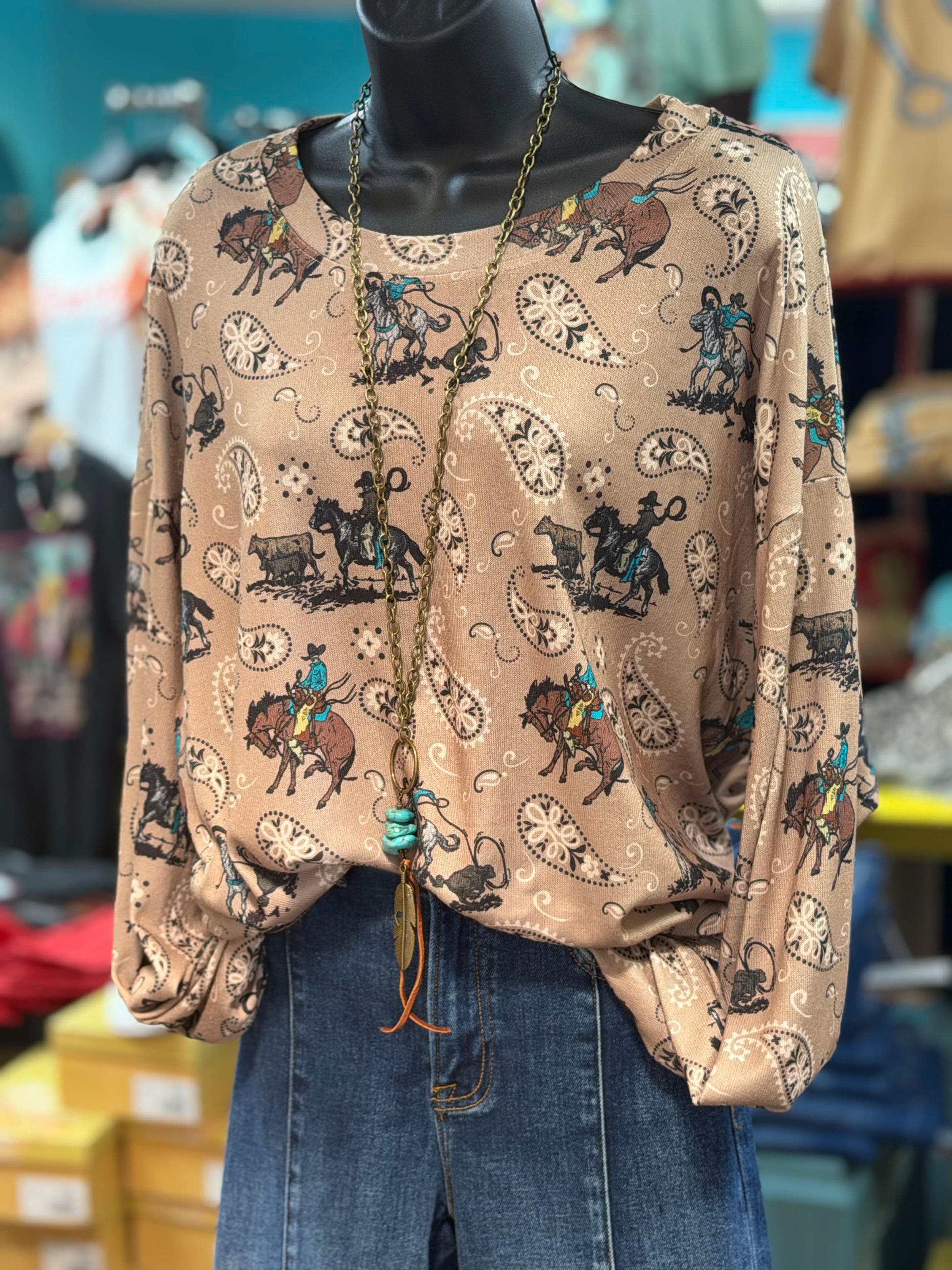Shop Envi Me Tops and Tunics Paisley Cowboy On The Plains Pullover Top