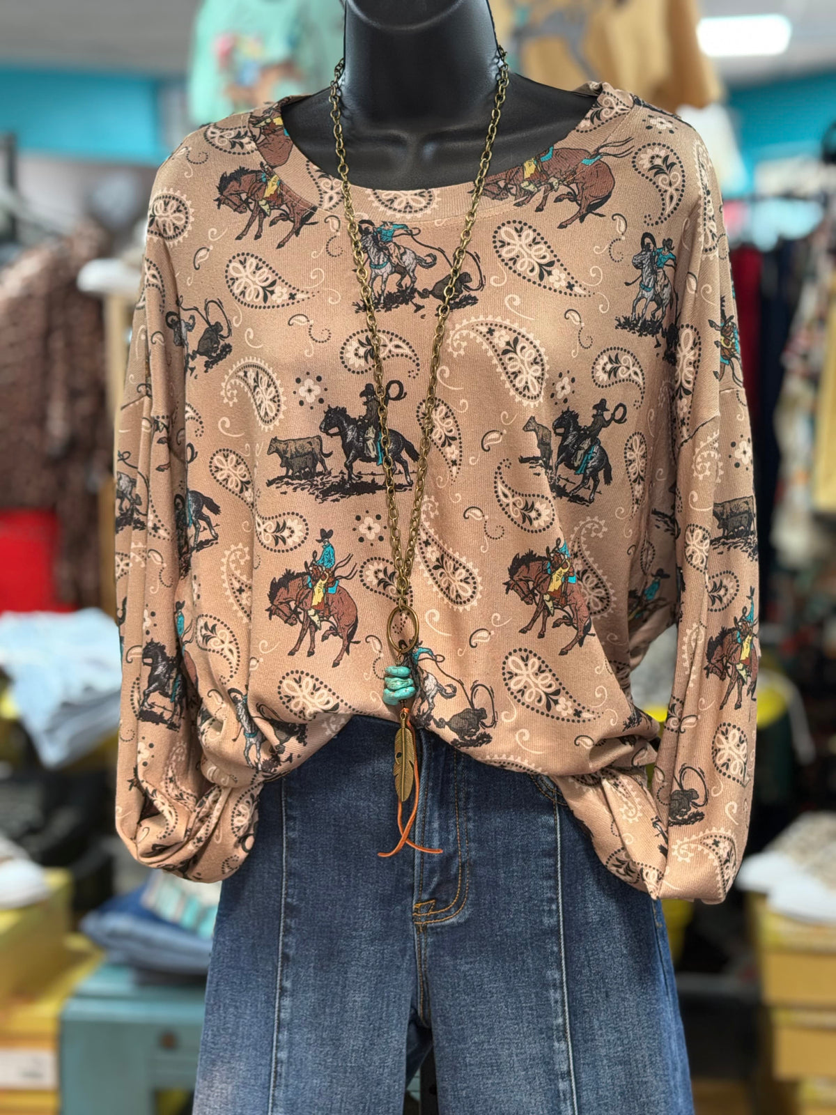 Shop Envi Me Tops and Tunics Paisley Cowboy On The Plains Pullover Top