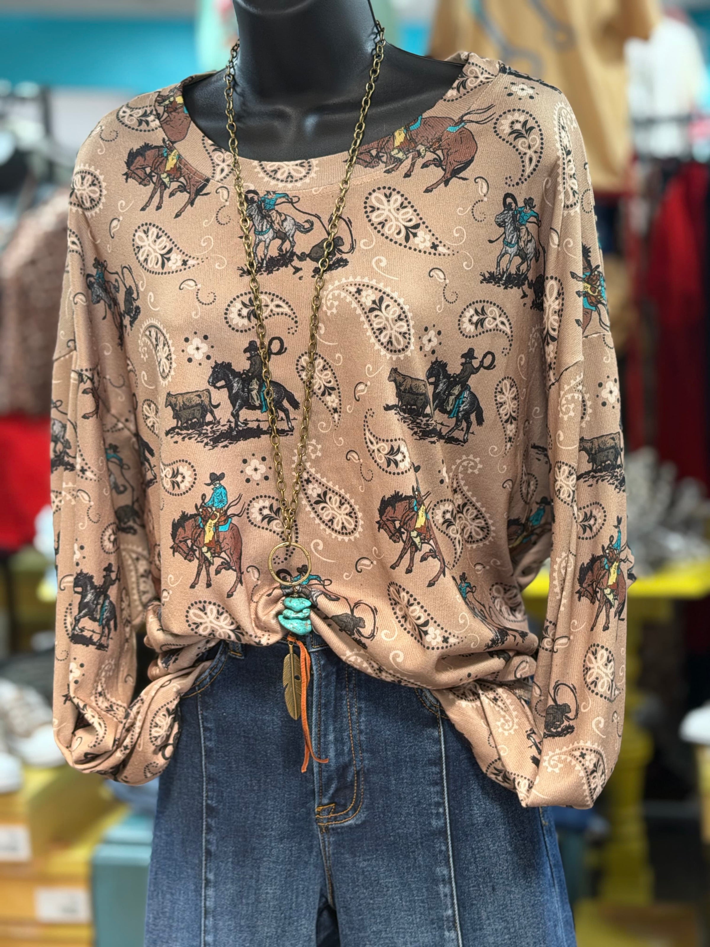 Shop Envi Me Tops and Tunics Paisley Cowboy On The Plains Pullover Top