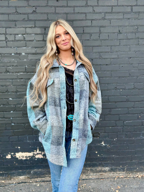 Shop Envi Me Cardigans and Kimonos ***ReStOcK** The Turquoise Plaid Shacket Jacket