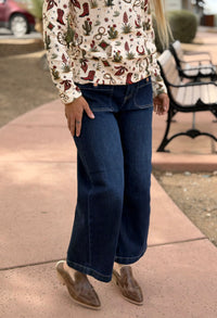 Risen Bottoms Risen Wide Leg Front Patch Pocket High Rise Ankle Crop Denim