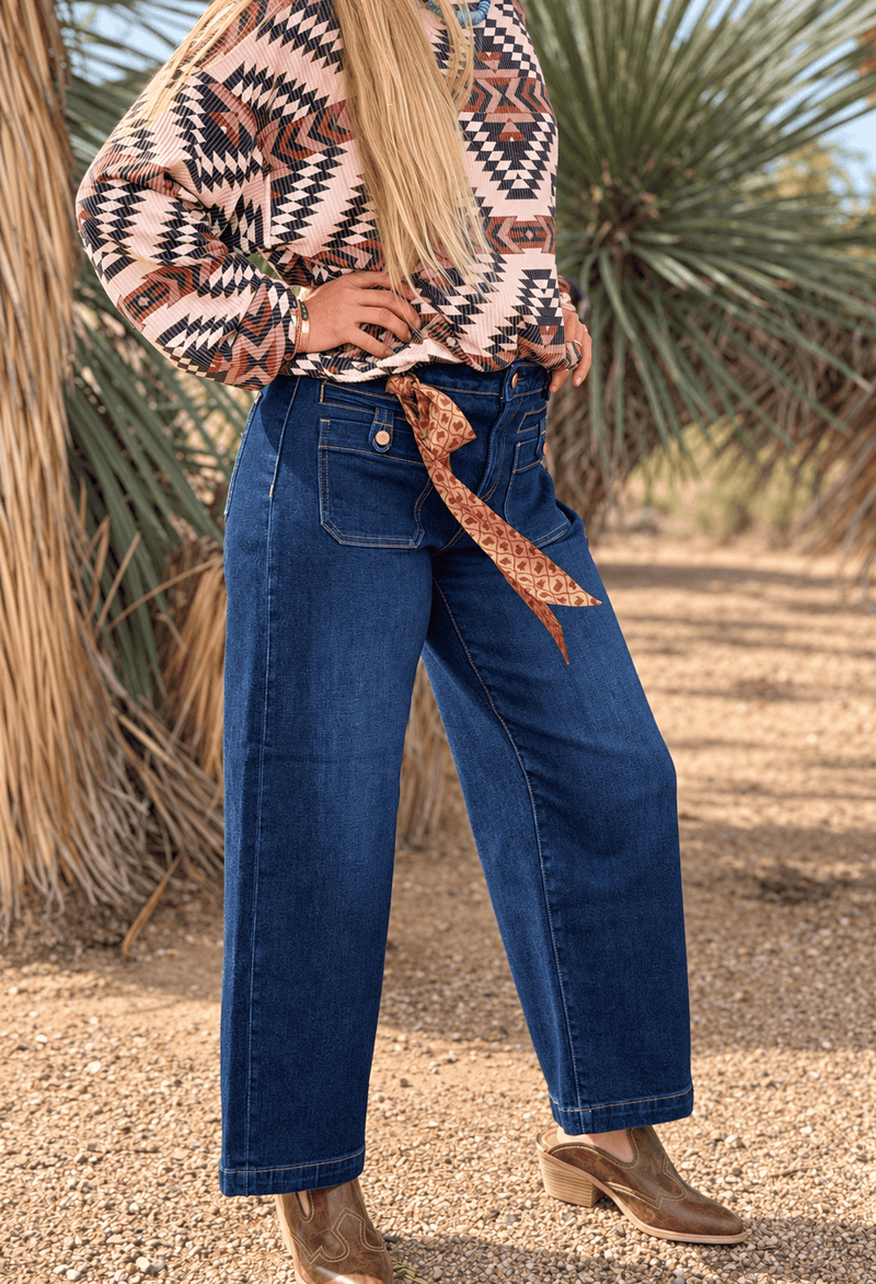 Risen Bottoms Risen Wide Leg Front Patch Pocket High Rise Ankle Crop Denim