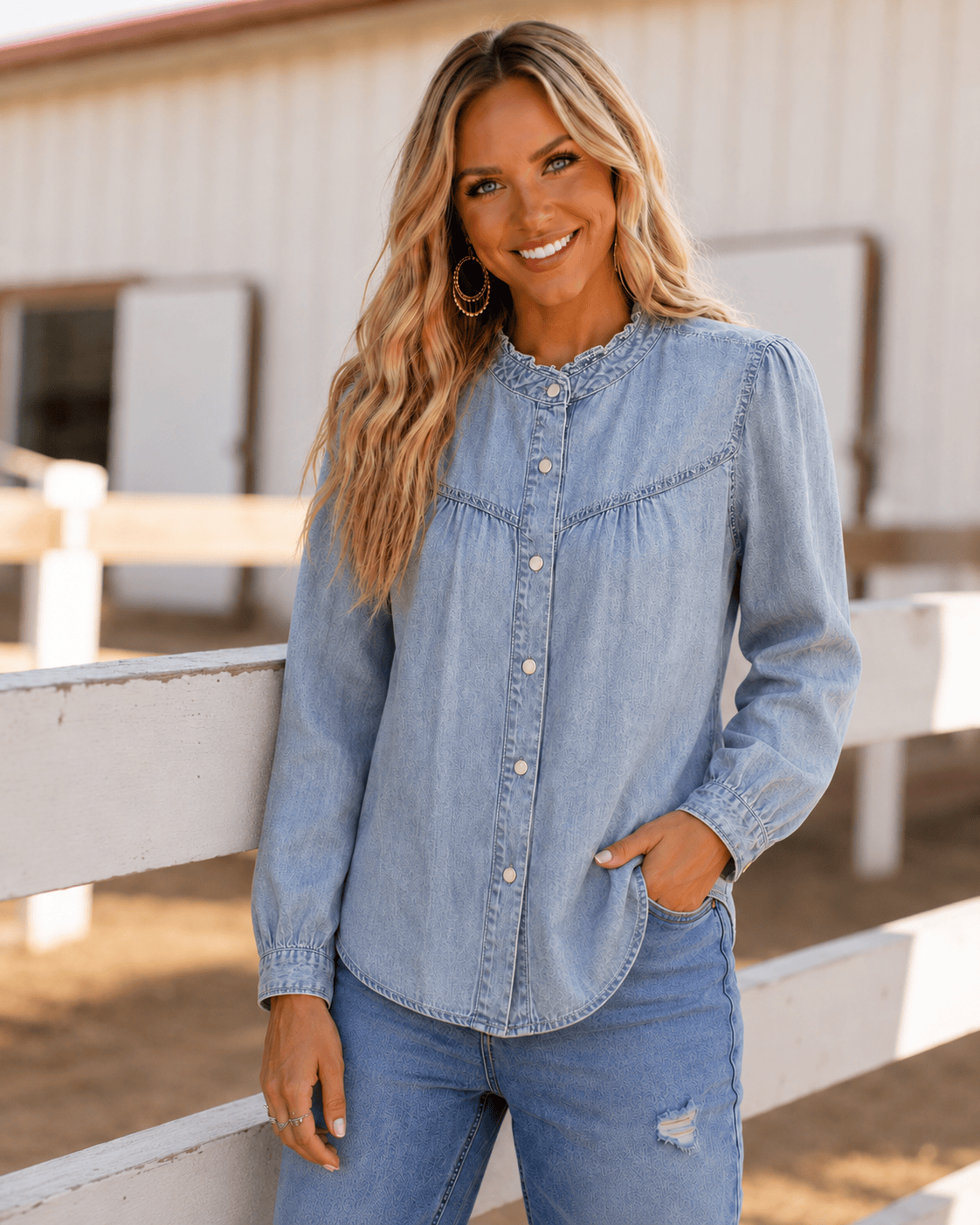 Shop Envi Me Tops and Tunics Ruffles In Fall Chambray Snap Front Long Sleeve Top