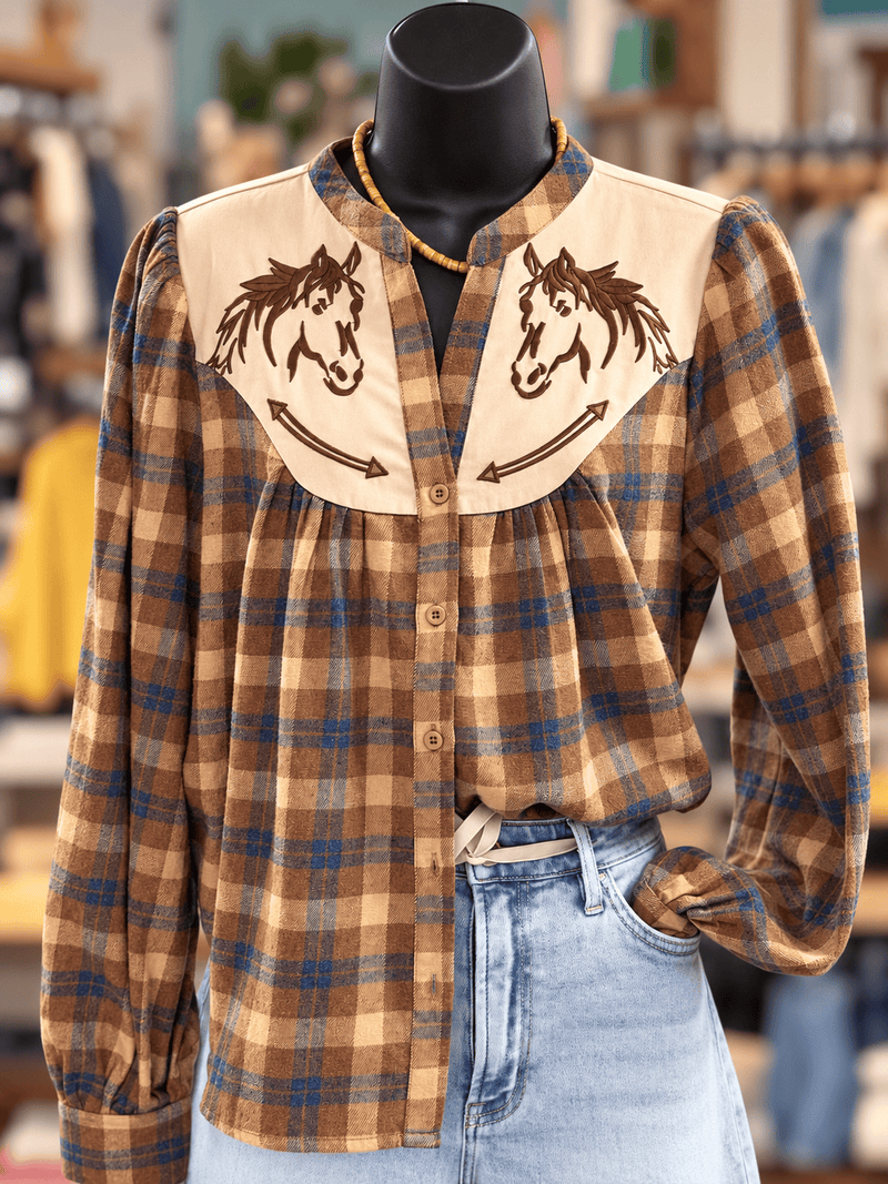 Shop Envi Me Tops Saddle Up Embroidered Horse Plaid Top