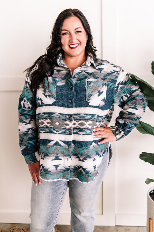Kiwidrop Teal Aztec Print Button Down Shacket