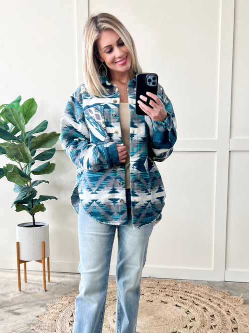 Kiwidrop Teal Aztec Print Button Down Shacket