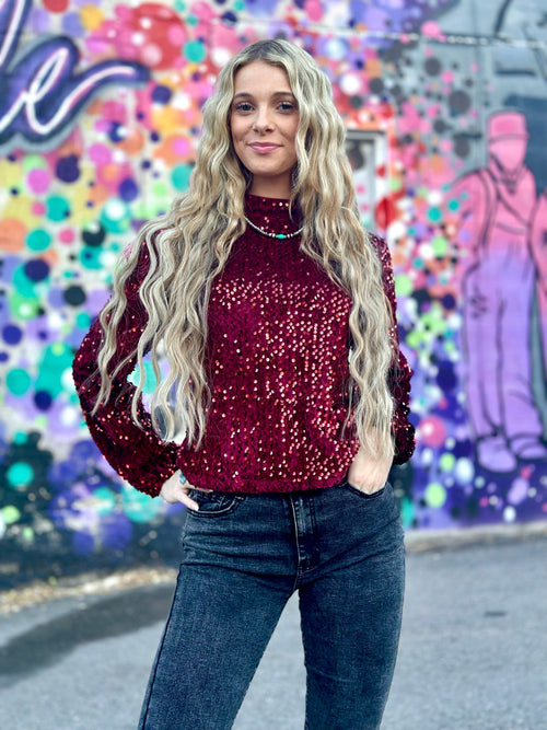 Shop Envi Me Tops and Tunics The 1st Round Cranberry Sequin Velvet Top