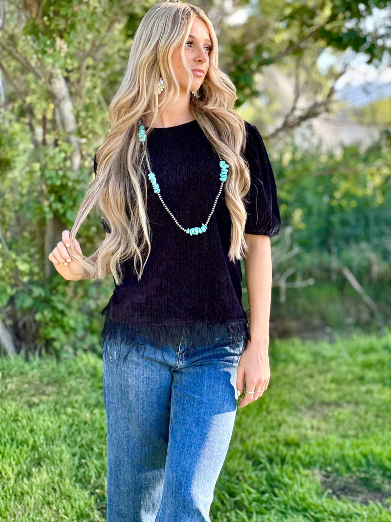 Shop Envi Me Tops and Tunics The 5th Round Black Sparkly Velvet Feather Top