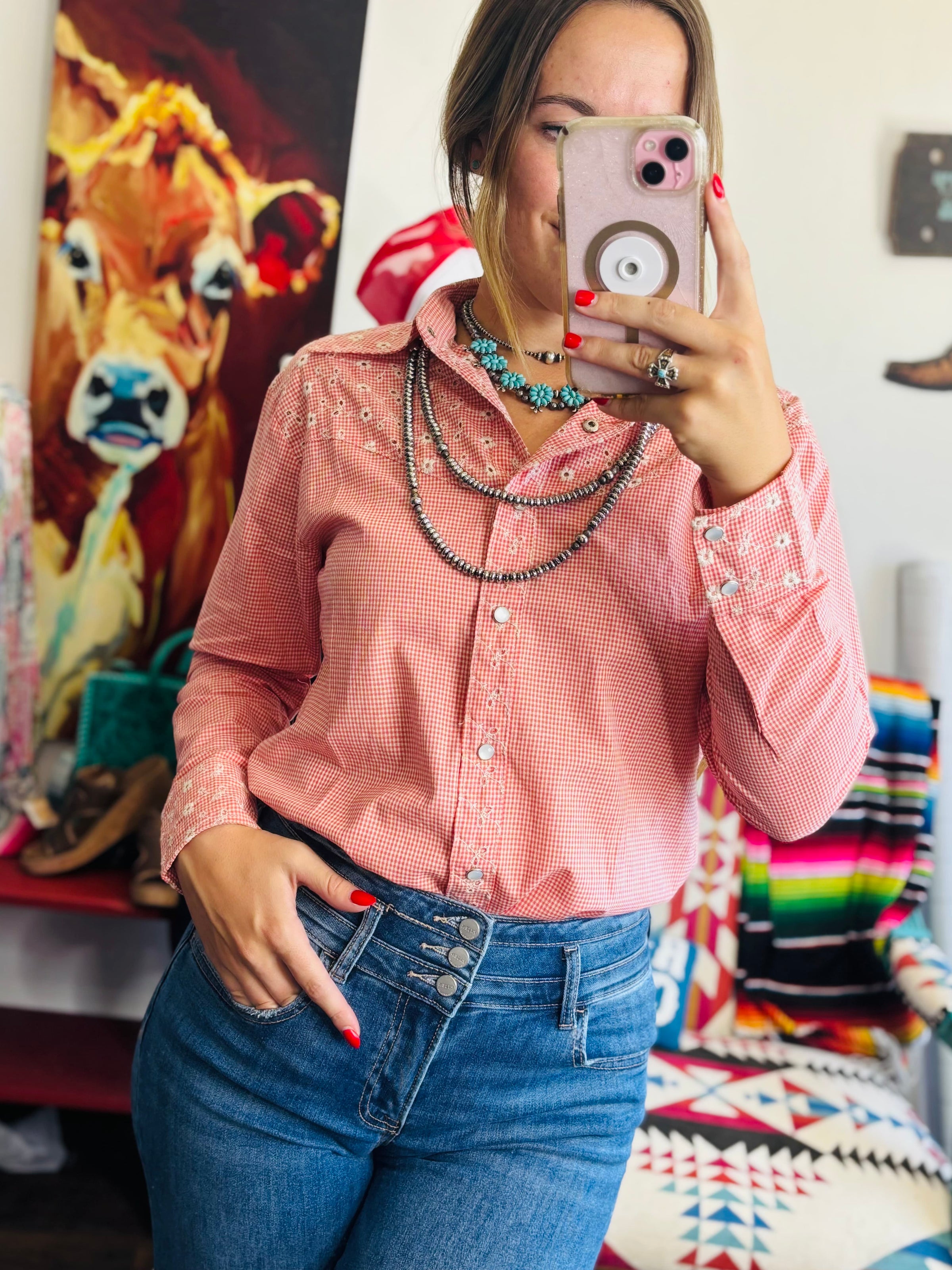 Shop Envi Me tops The Arena Ready Eyelet & Gingham Button Up Top