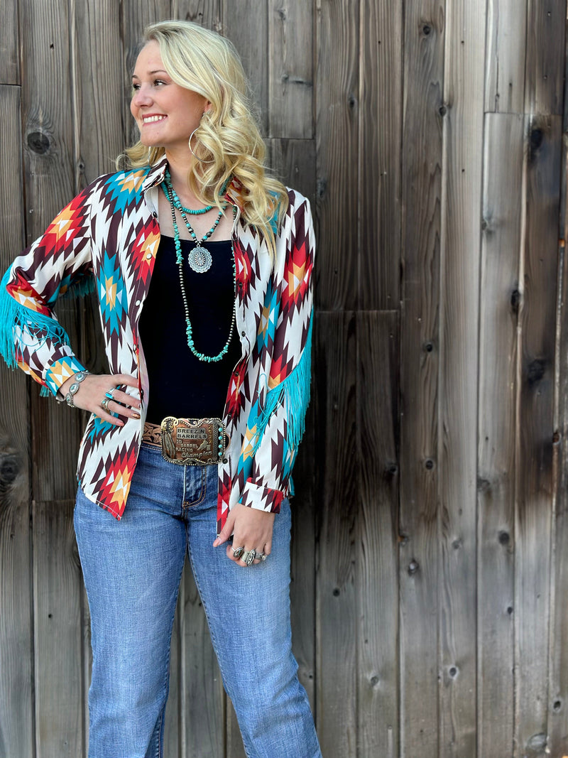 Shop Envi Me Tops and Tunics The Arlington Aztec Fringe Snap Front Western Shirt