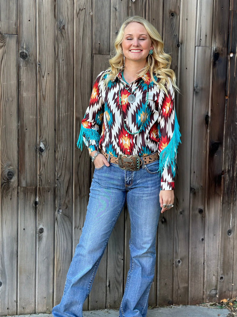 Shop Envi Me Tops and Tunics The Arlington Aztec Fringe Snap Front Western Shirt