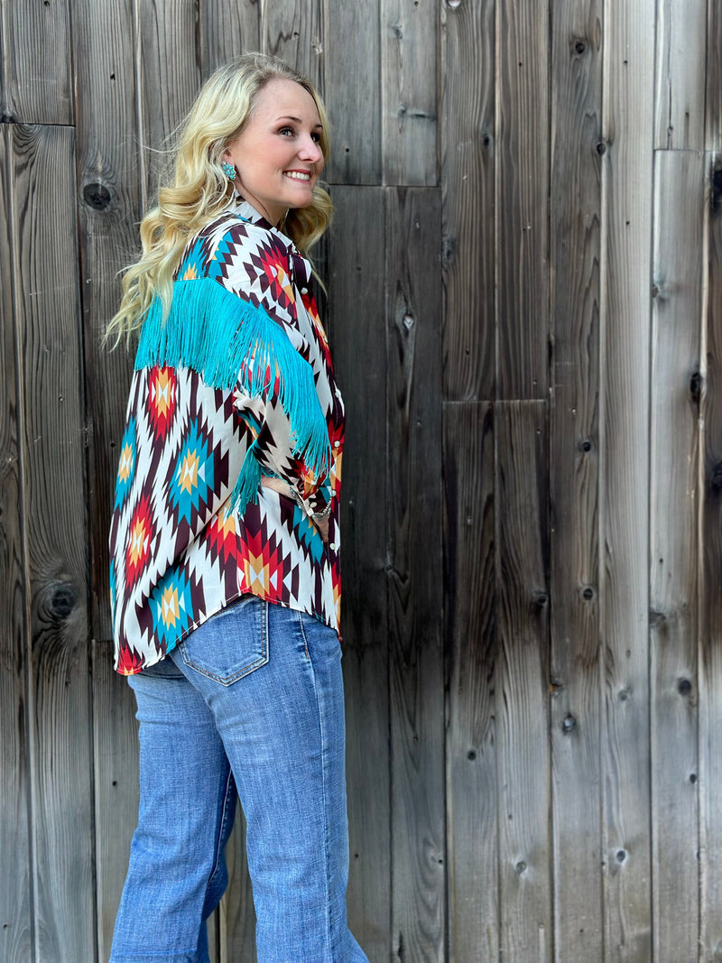 Shop Envi Me Tops and Tunics The Arlington Aztec Fringe Snap Front Western Shirt