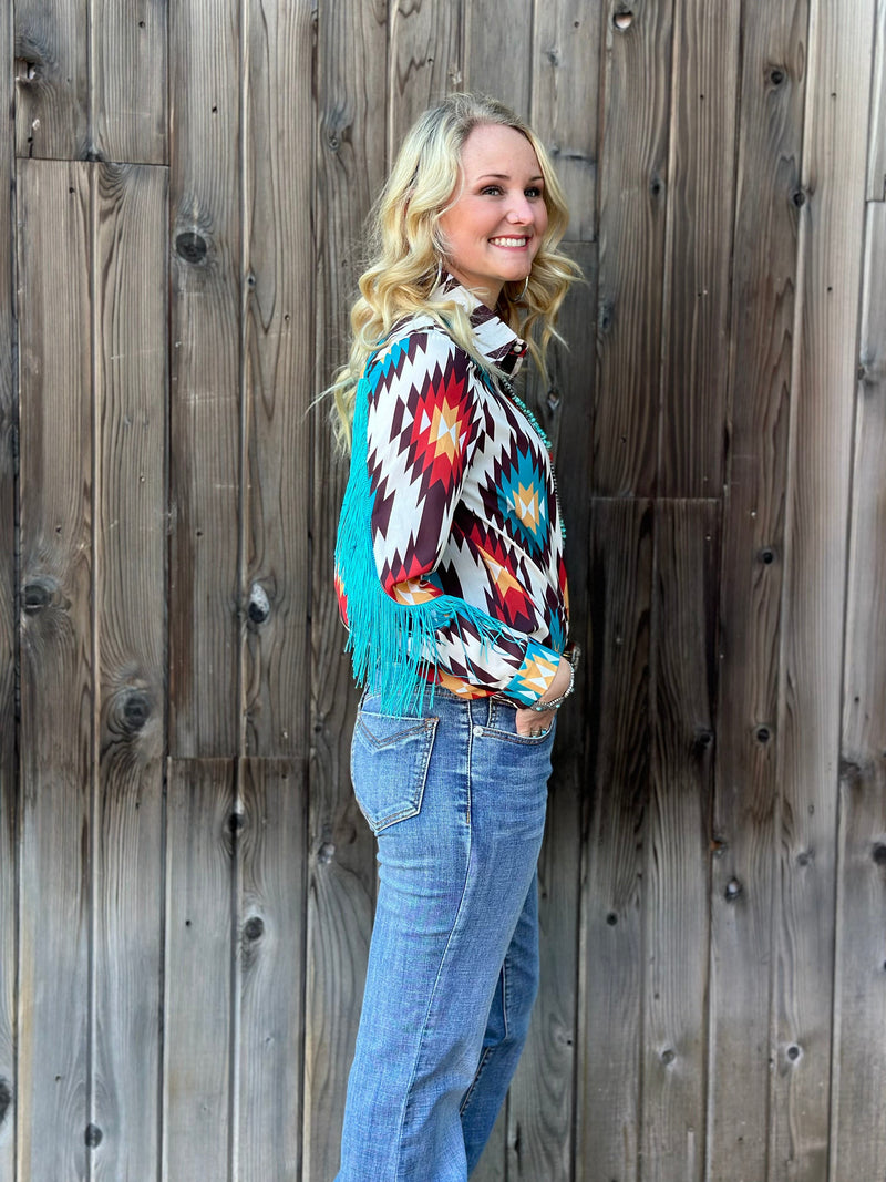 Shop Envi Me Tops and Tunics The Arlington Aztec Fringe Snap Front Western Shirt