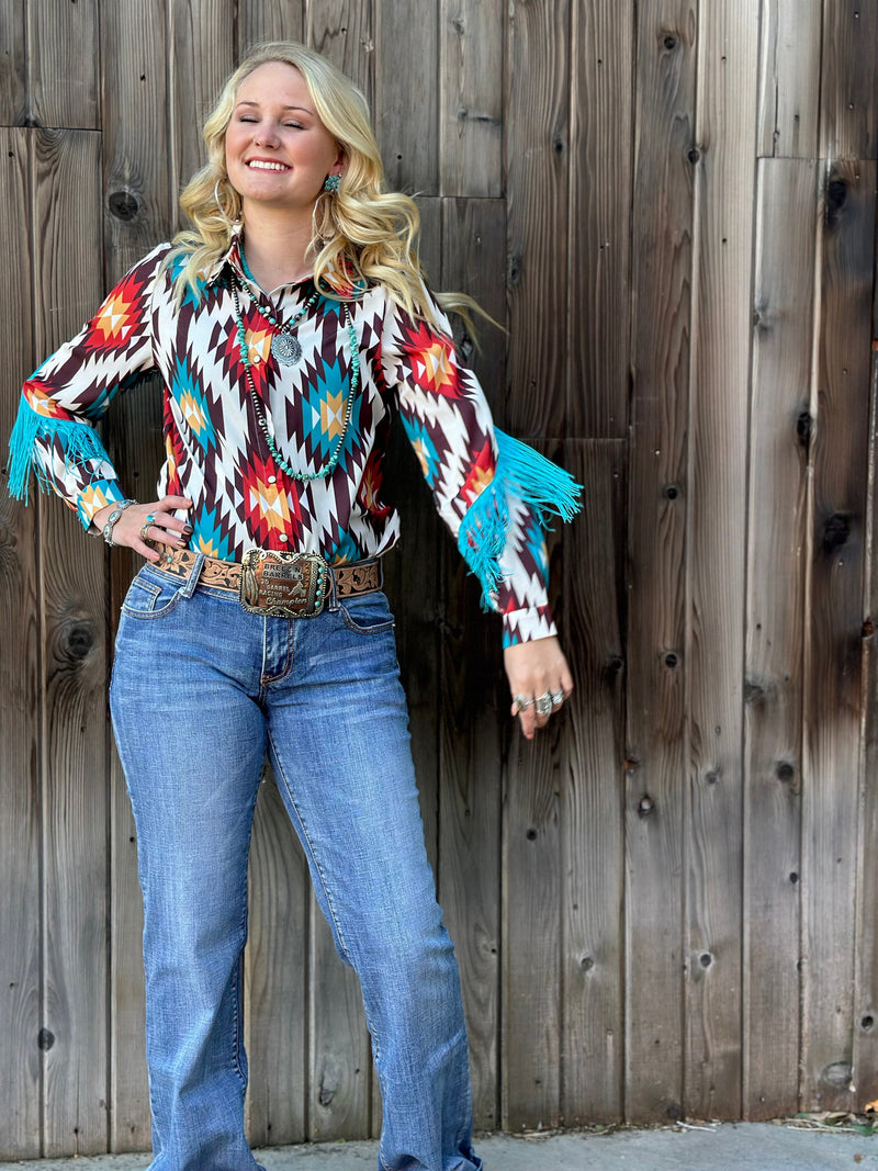 Shop Envi Me Tops and Tunics The Arlington Aztec Fringe Snap Front Western Shirt