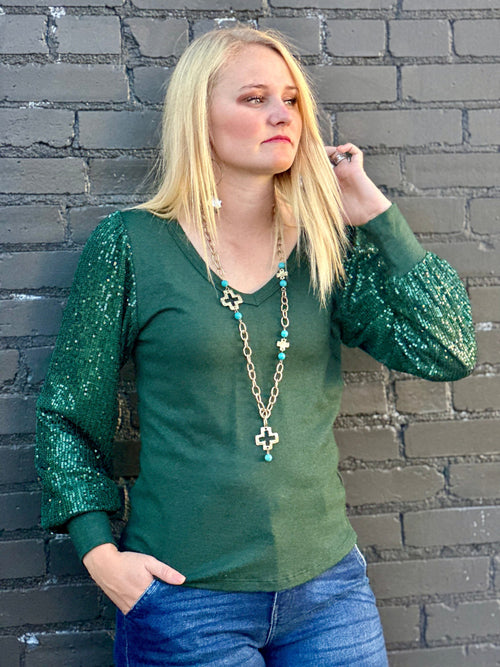 Shop Envi Me Tops and Tunics The Arlington Nights Forest Green Sequin Sleeve V Neck Sweater
