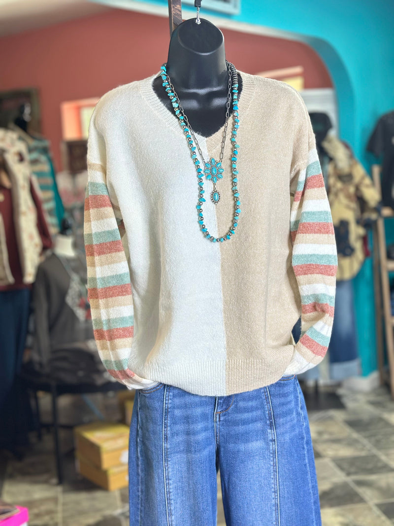 Shop Envi Me Tops and Tunics The Autumn Color Block Stripe Sleeve V Neck Sweater