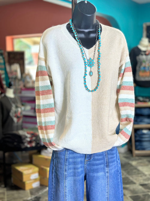 Shop Envi Me Tops and Tunics The Autumn Color Block Stripe Sleeve V Neck Sweater