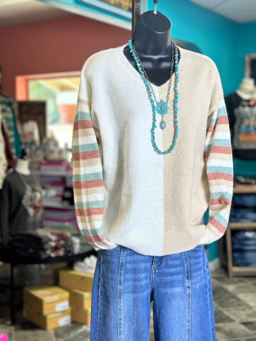 Shop Envi Me Tops and Tunics The Autumn Color Block Stripe Sleeve V Neck Sweater