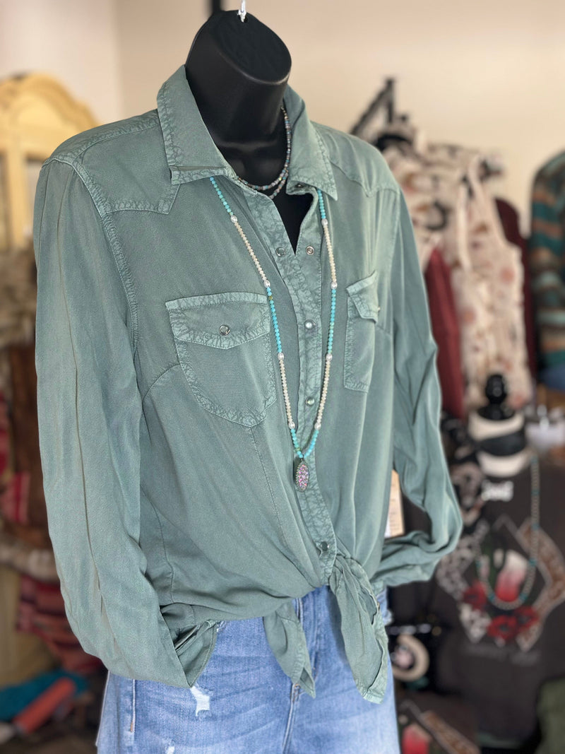 Shop Envi Me tops The Autumn Dusty Turquoise Snap Up Top