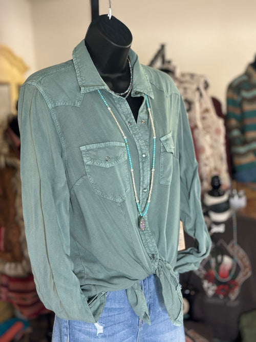 Shop Envi Me tops The Autumn Dusty Turquoise Snap Up Top